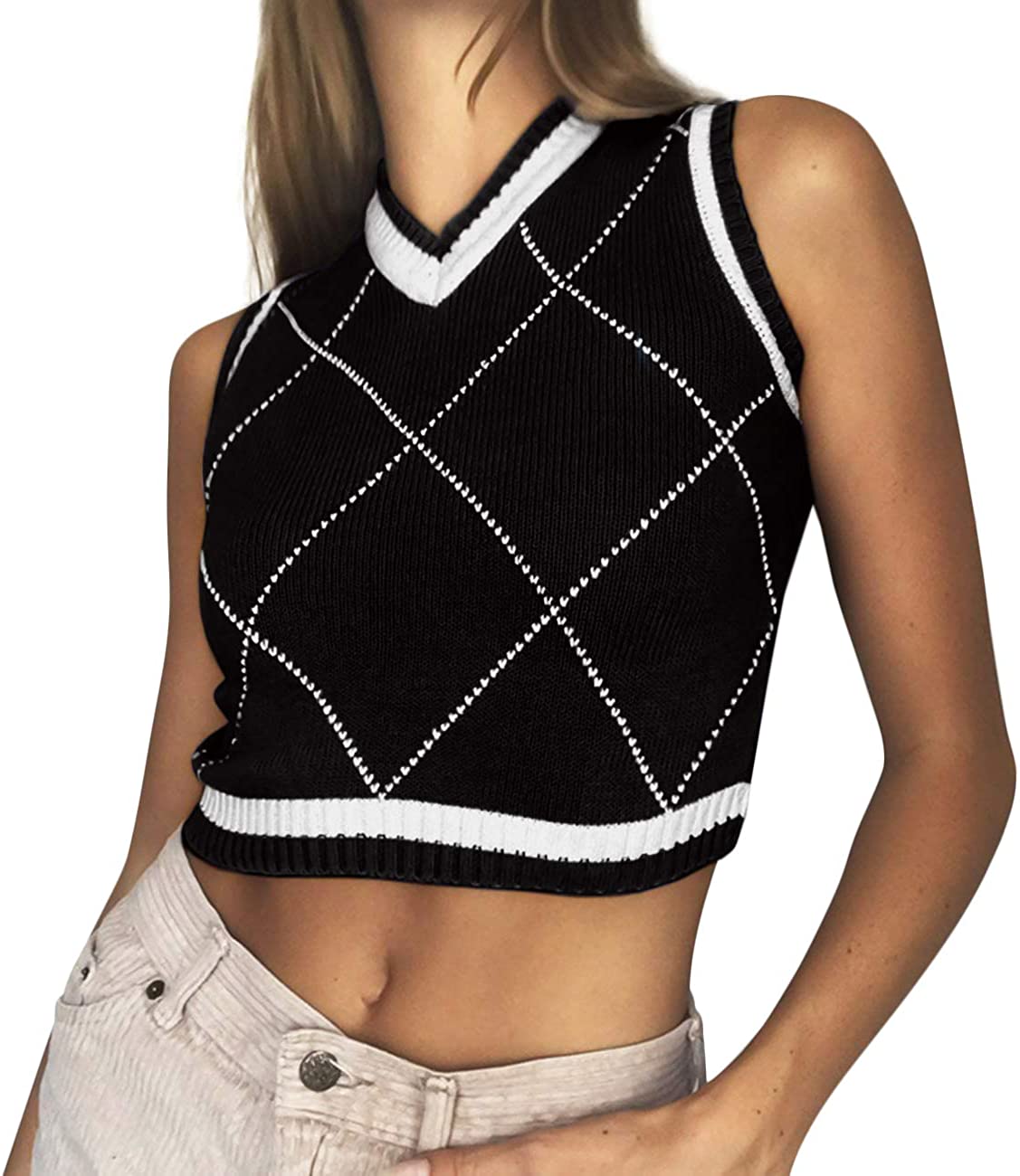 Argyle Sweater Vest Plaid Crop-Tops - Y2K Fashion Cropped Sweaters Knit  E-Girls
