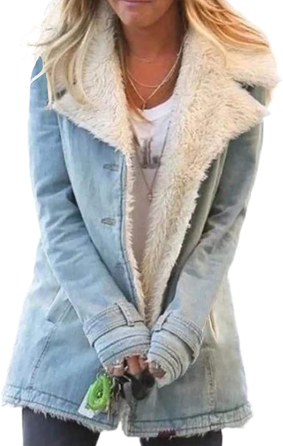 Sidefeel Women Denim Faux Fur Long Sleeve Lapel Collar Oversized Coat Outwear