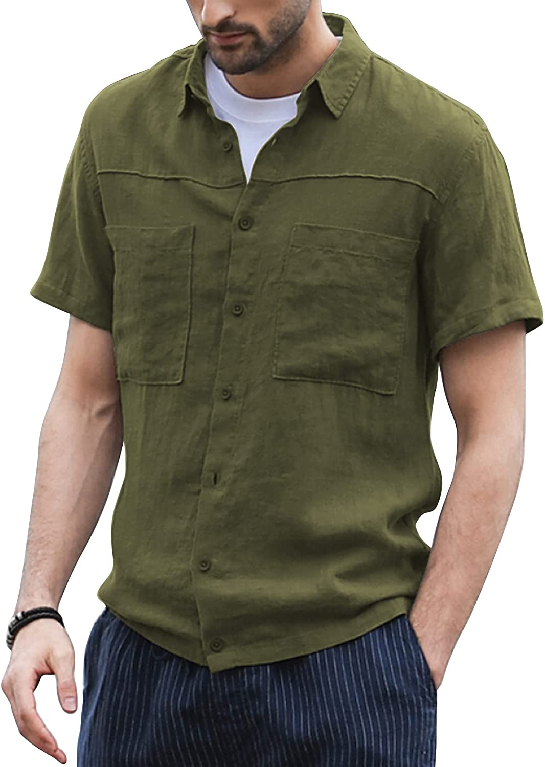 AUDATE Mens Cotton Linen Shirt Long Sleeve Solid Button-Down Casual Summer Beach Shirts 