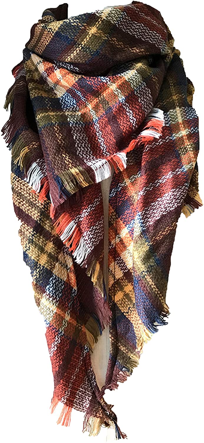 Wander Agio Womens Warm Long Shawl Wraps Large Scarves Knit Cashmere Feel  Plaid Triangle Scarf