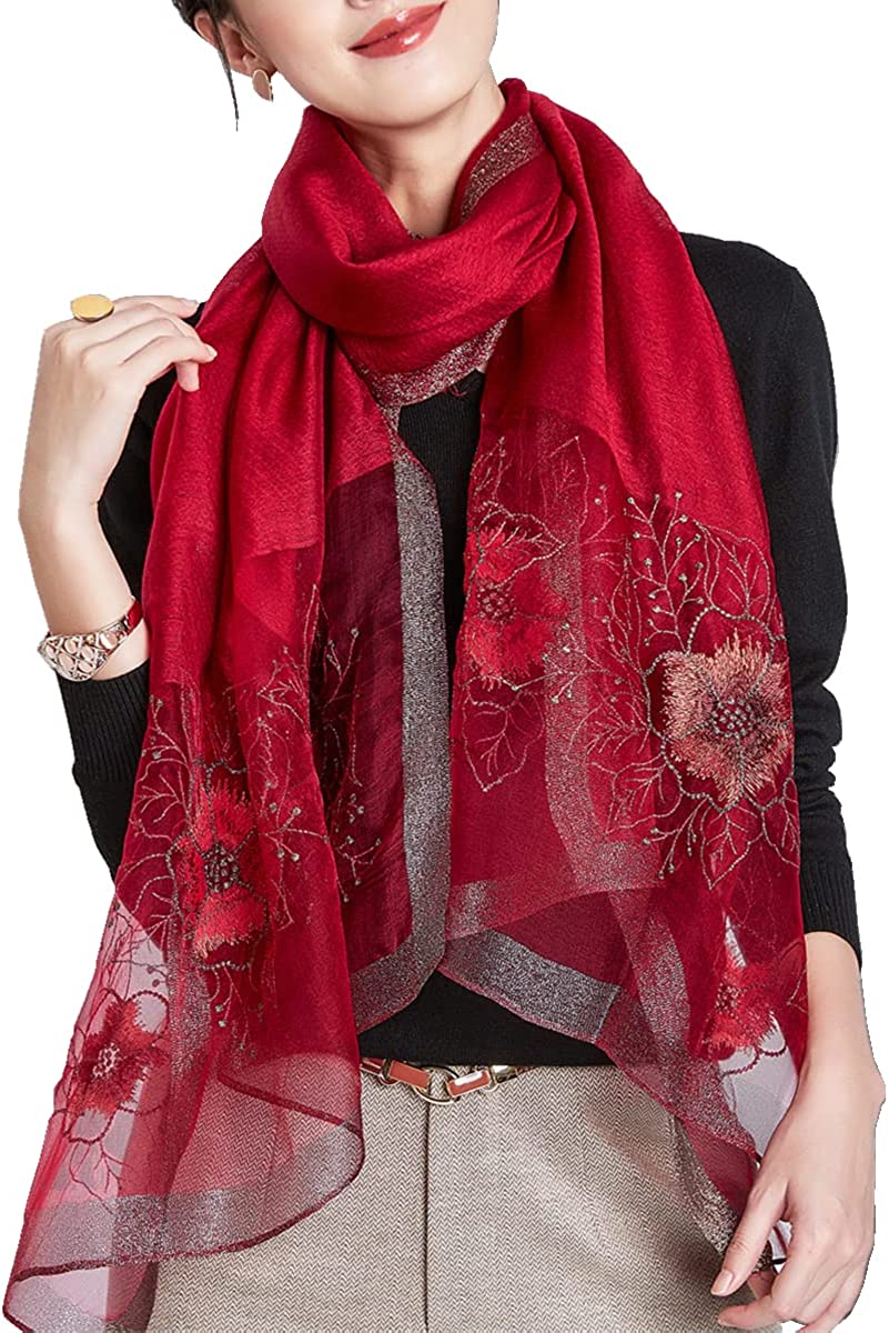 WINCESS YU Women Mulberry Silk Scarf Lightweight Embroidered Floral Shawl  Wraps Beach Gauze Blanket Shawl for All Season at  Women's Clothing  store