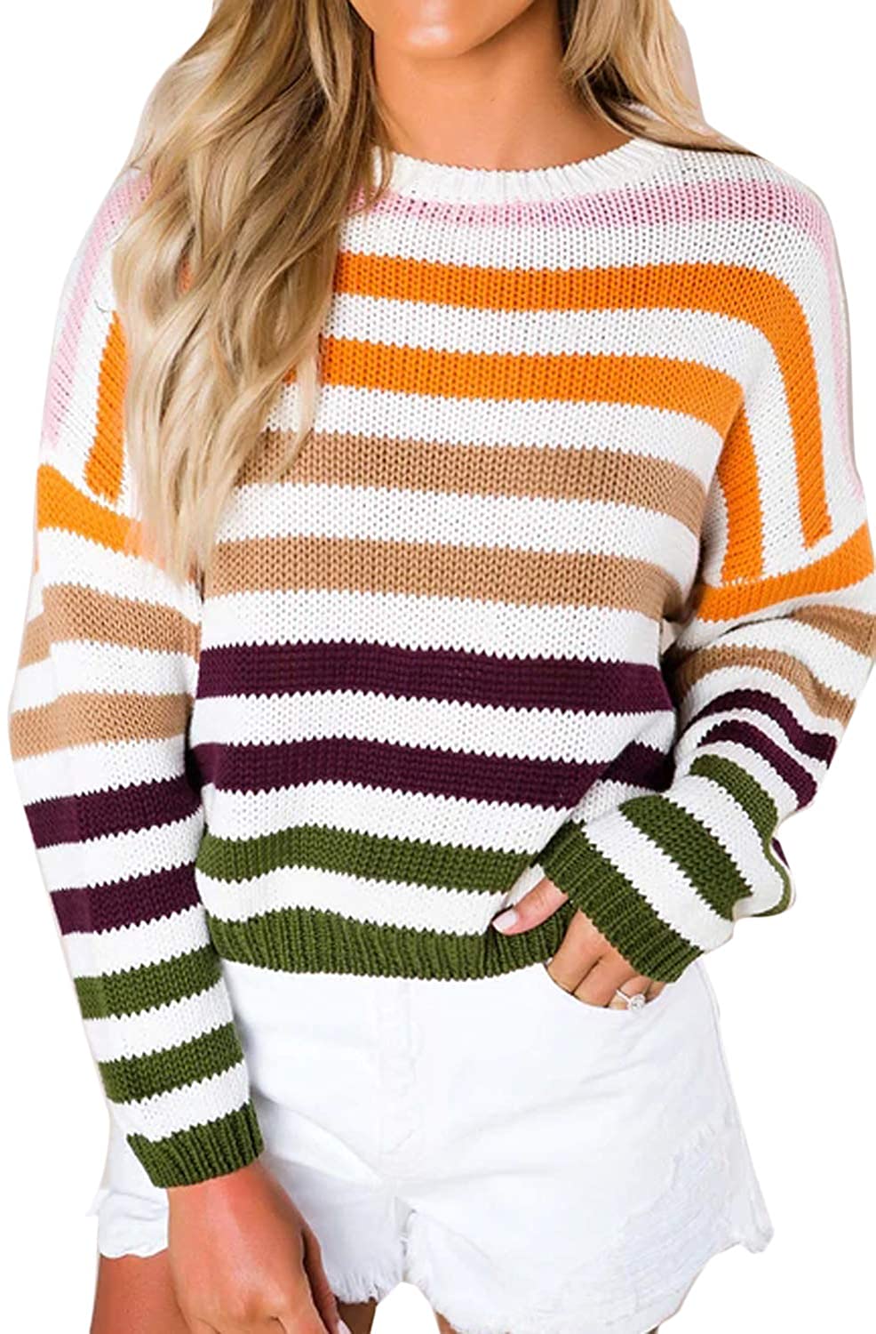 thumbnail 17  - ZESICA Women&#039;s Long Sleeve Crew Neck Striped Color Block Casual Loose Knitted Pu