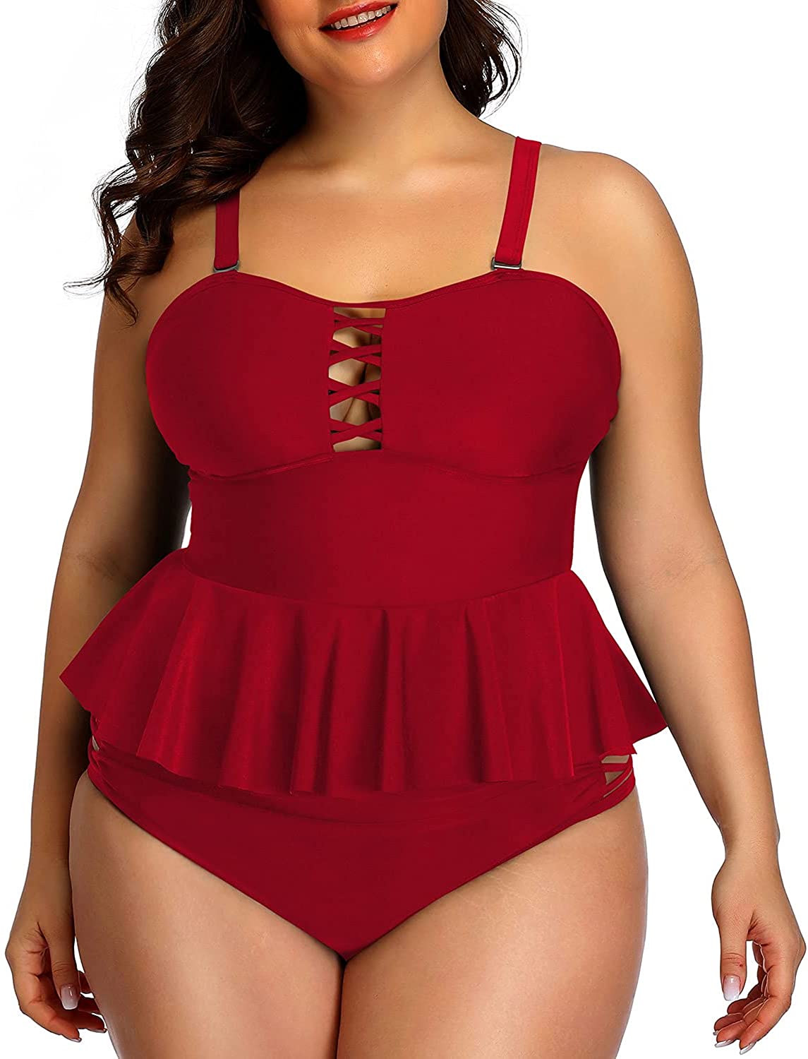Yonique Plus Size Swimsuits for Women Tummy Control Two Piece Bathing Suits Peplum Tankini Tops High Waisted Swimwear 