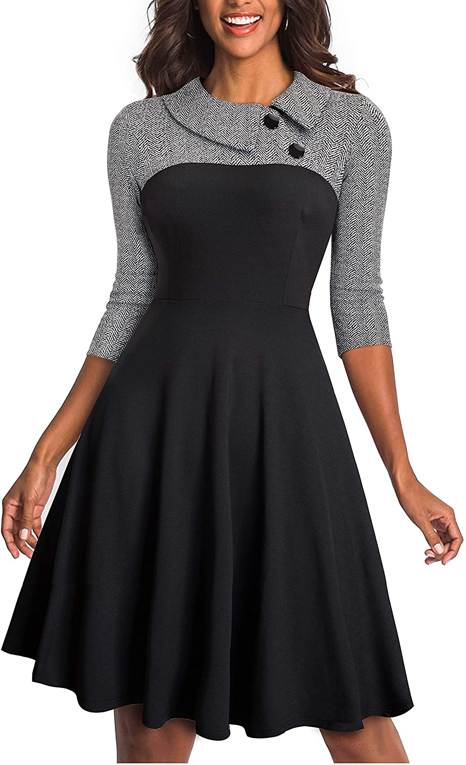 HOMEYEE Women's Lapel 3/4 Sleeve Church Aline Colorblock Work Dress A121 |  eBay
