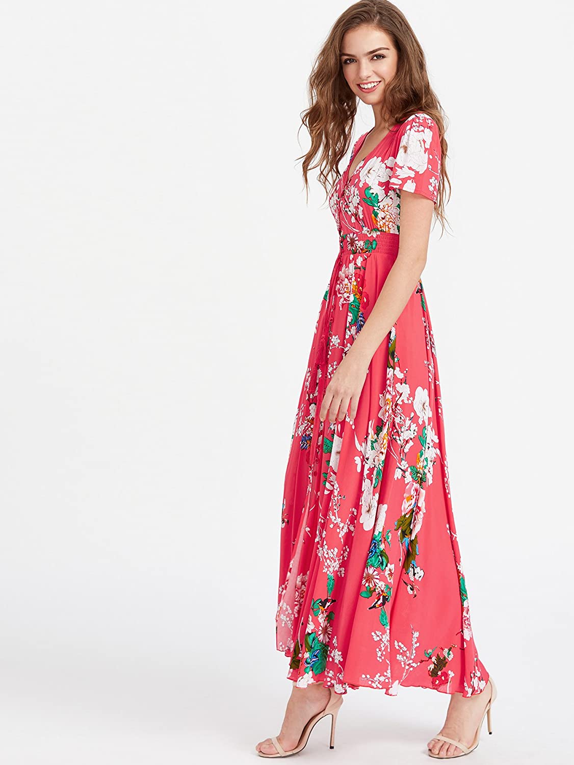 Milumia Women S Button Up Split Floral Print Flowy Party Maxi Dress Red Ebay