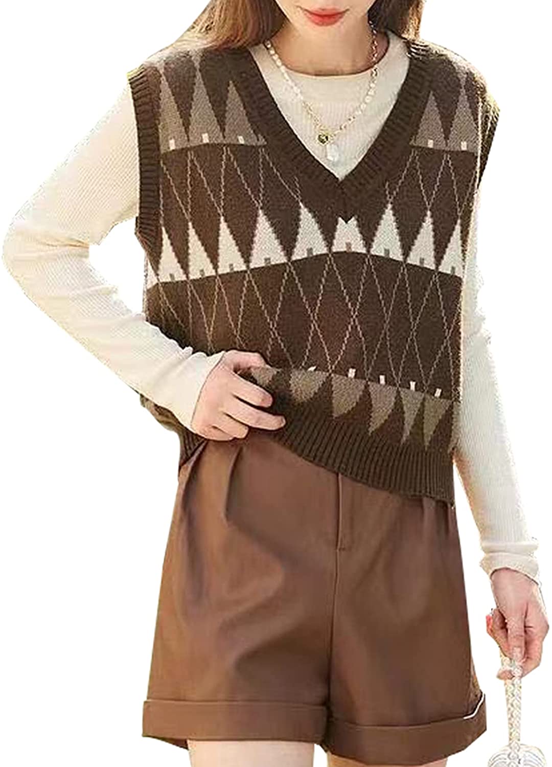 Hyipels Argyle Sweater Vest Women y2k Plaid Knitted Streetwear Preppy Style  V Ne