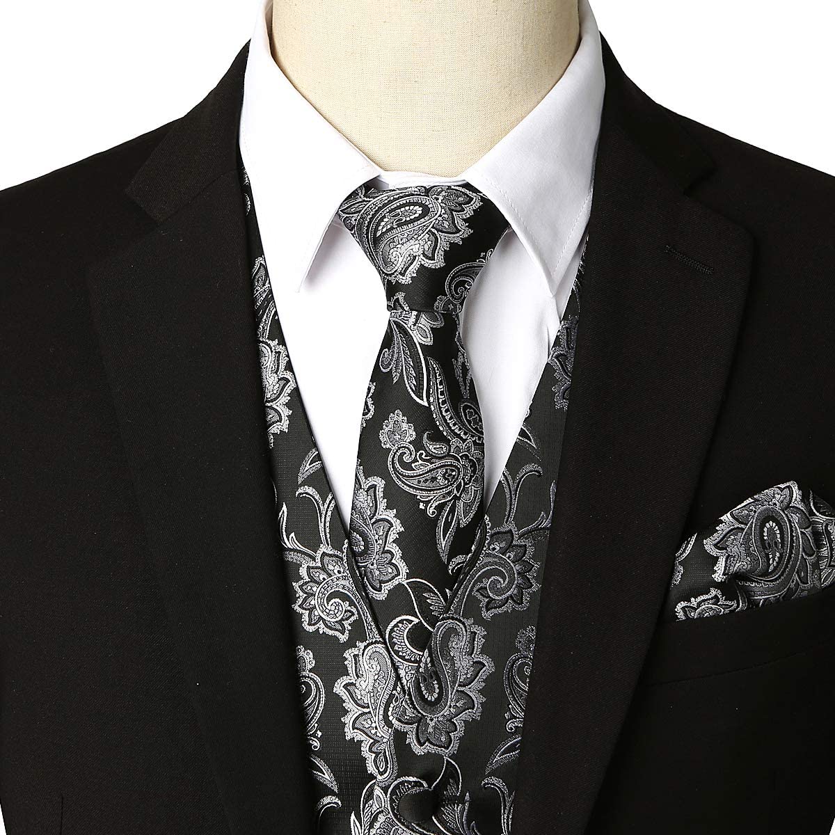 ZEROYAA Mens 3pc Paisley Jacquard Vest Set Necktie Pocket Square Set for Suit or Tuxedo 
