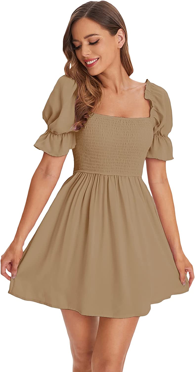 WDIRARA Women's Square Neck Flounce Short Sleeve Shirred Ruffle Hem Dress