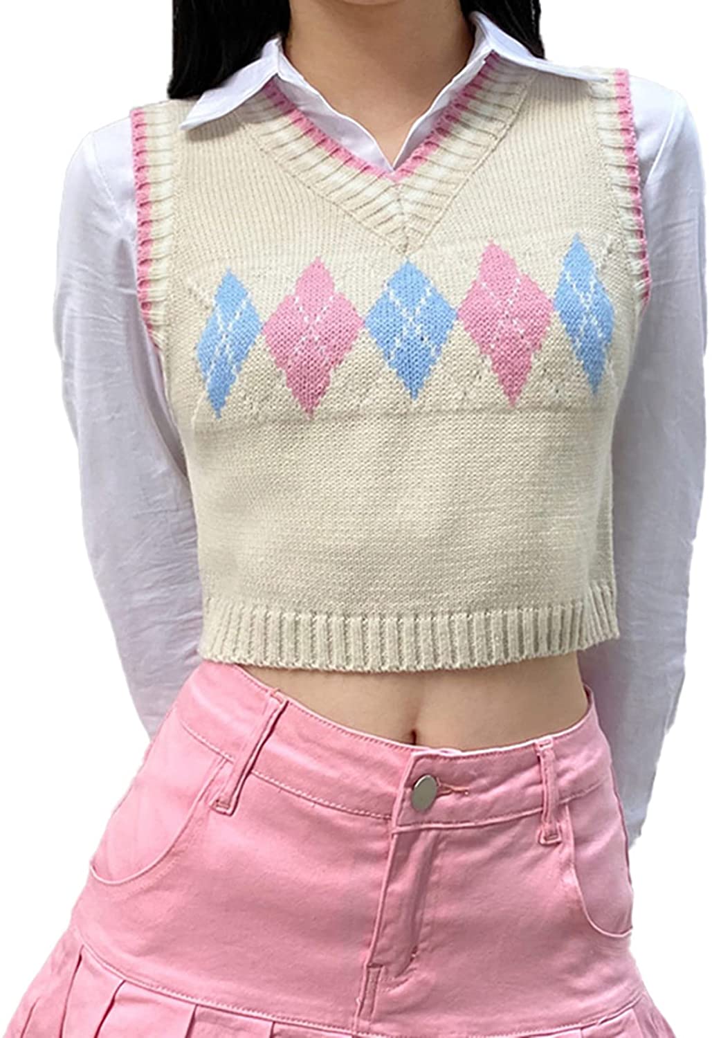 Hyipels Argyle Sweater Vest Women Y2K Plaid Knitted Streetwear