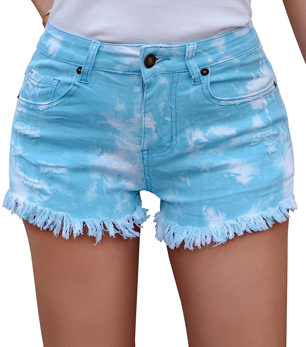 IWOLLENCE Women's Frayed Raw Hem Casual Denim Shorts Ripped Short Jeans with Pockets