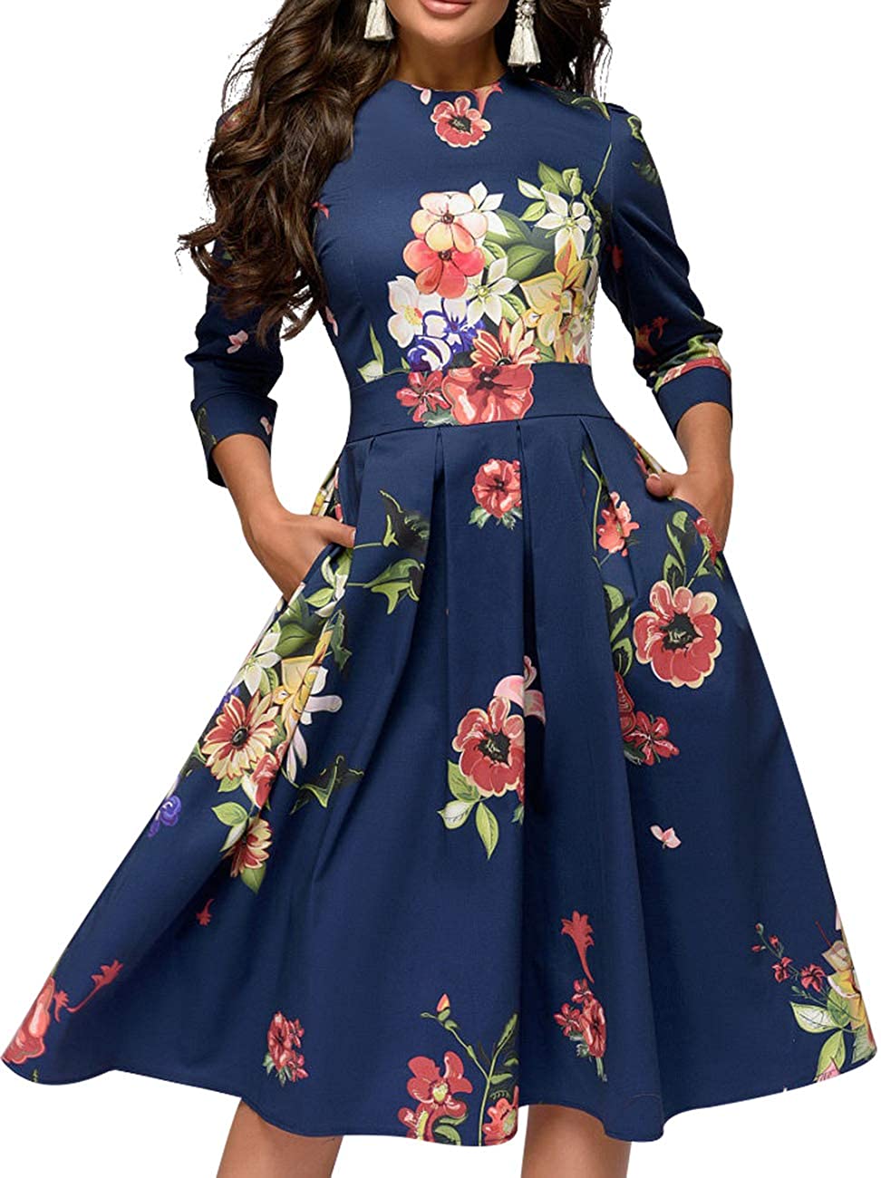 Hotkey Womens Floral Vintage Dress Elegant Midi Evening Party Dress Half Sleeves A-line Dress for Women 