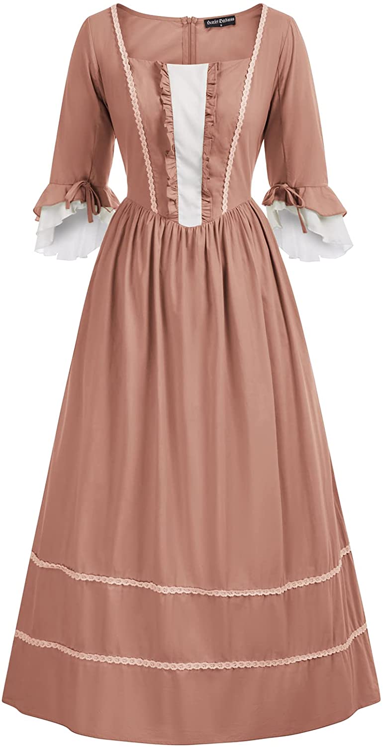 Women Pioneer Colonial Costume Dress Prairie Peasant Lace Long Dress Shawl 