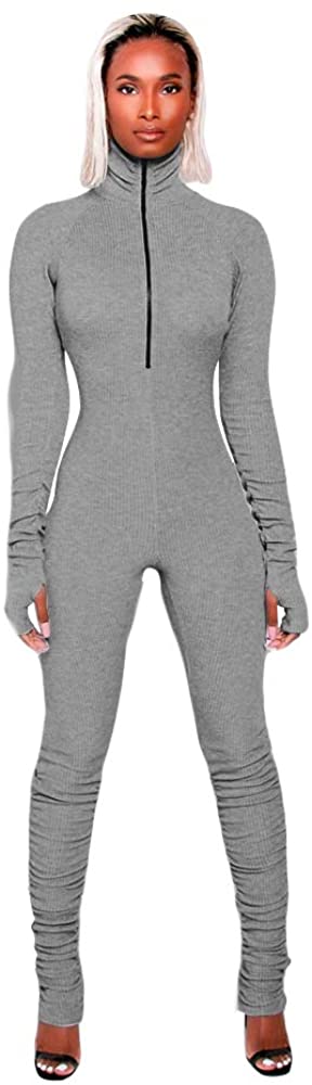 XLLAIS Women High Neck Zipper Ruched Bodycon Jumpsuit Tracksuit with Thumb  Hole