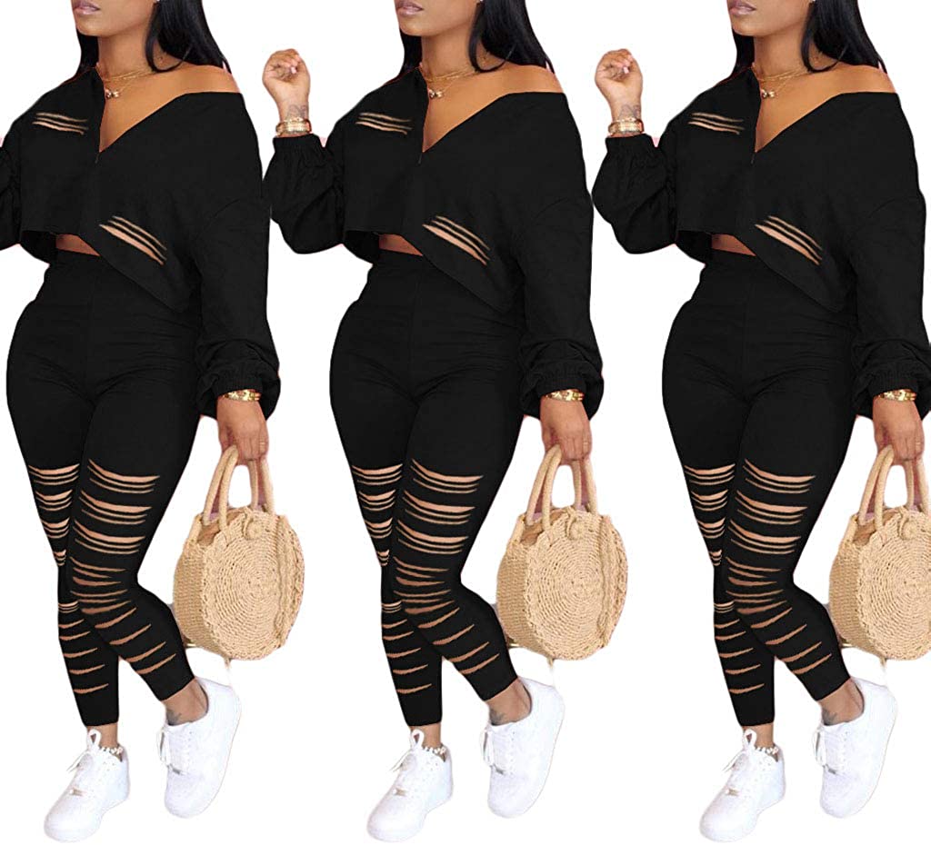 Women S Two Piece Outfits Sets Long Sleeve Solid Color Crop Top V