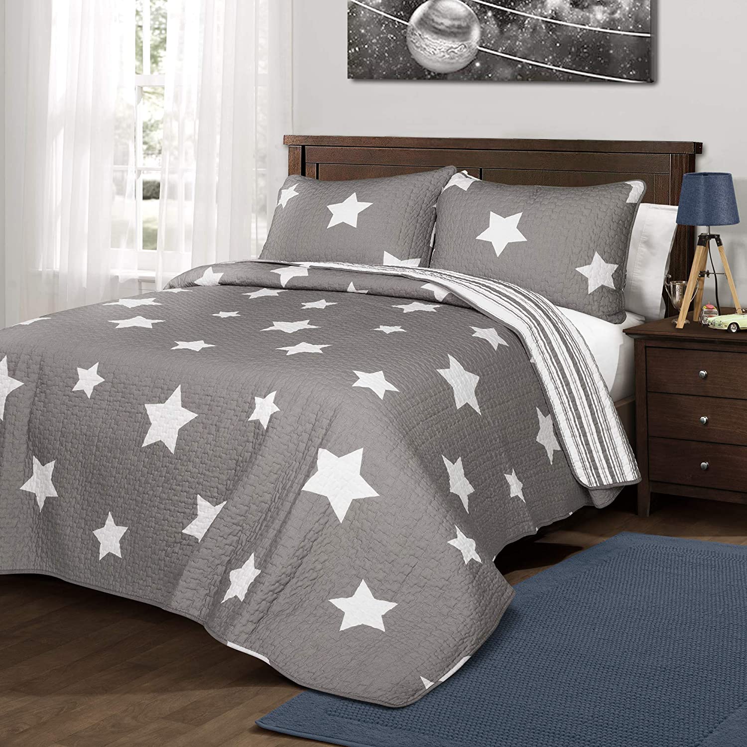 Lush Decor Navy Star Quilt-Reversible 3 Piece Pattern Striped Bedding Set  with P | eBay