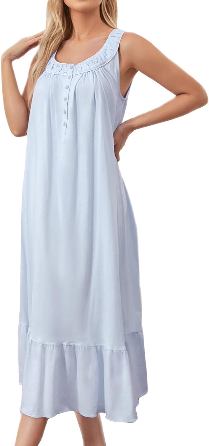 MZROCR Cotton Nightgowns for women Soft Sleeveless Night gown Long  Nightdress for Ladies Button Down Pajama Dress Sleepwear at  Women's  Clothing store