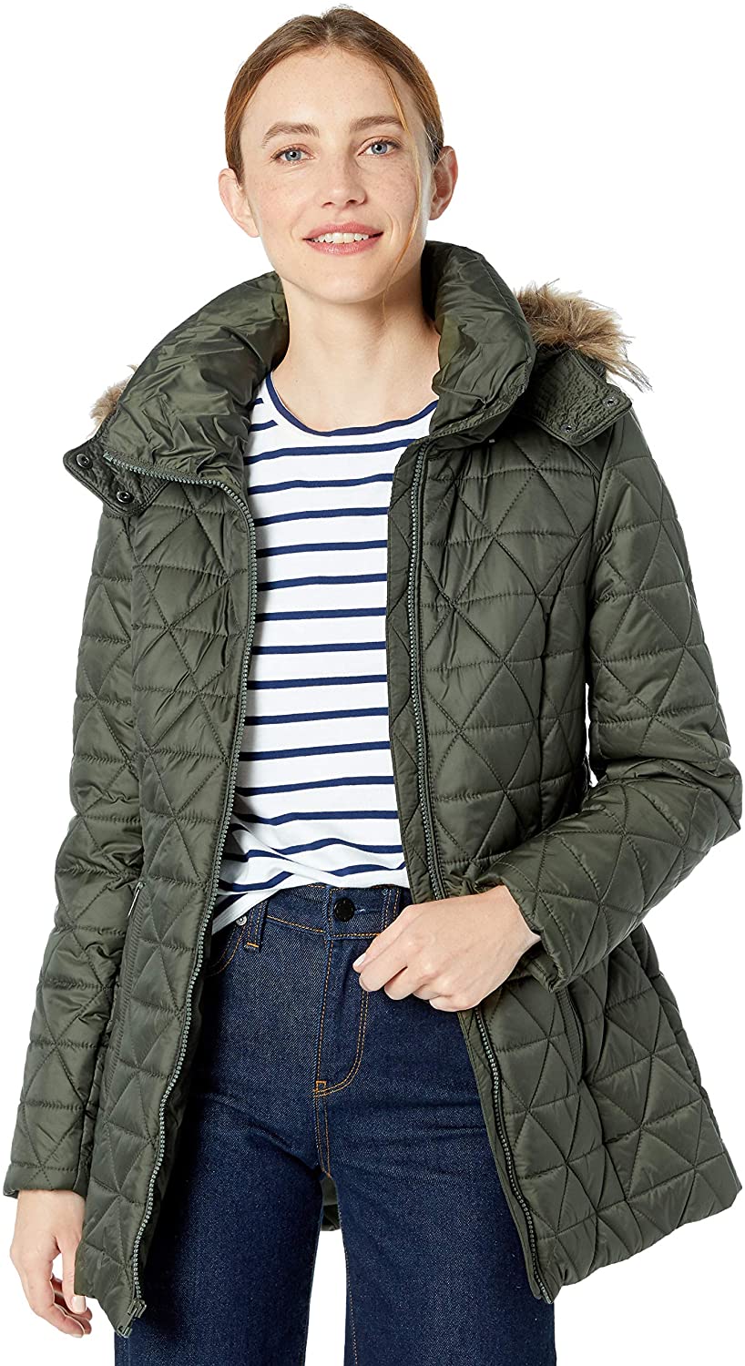 Pre-owned Marc New York Marc York By Andrew Marc Womens Chevron Quilted Down Jacket With Removable F In Olive