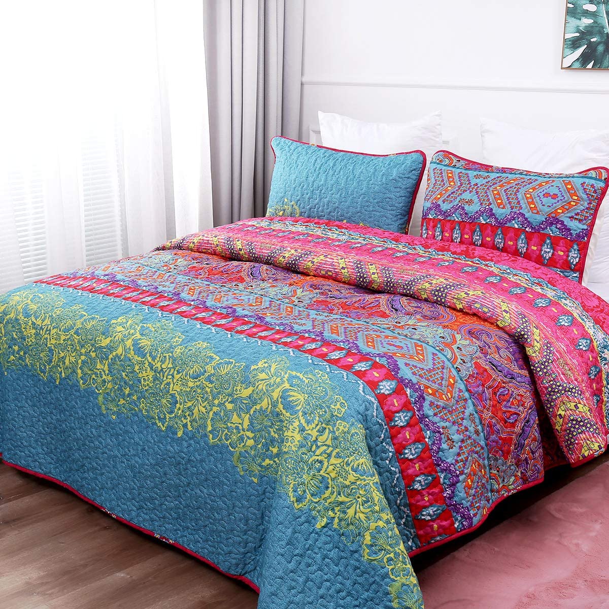 Bohemian Quilt Set Queen Pieces Boho Chic Pattern Printed Bedding