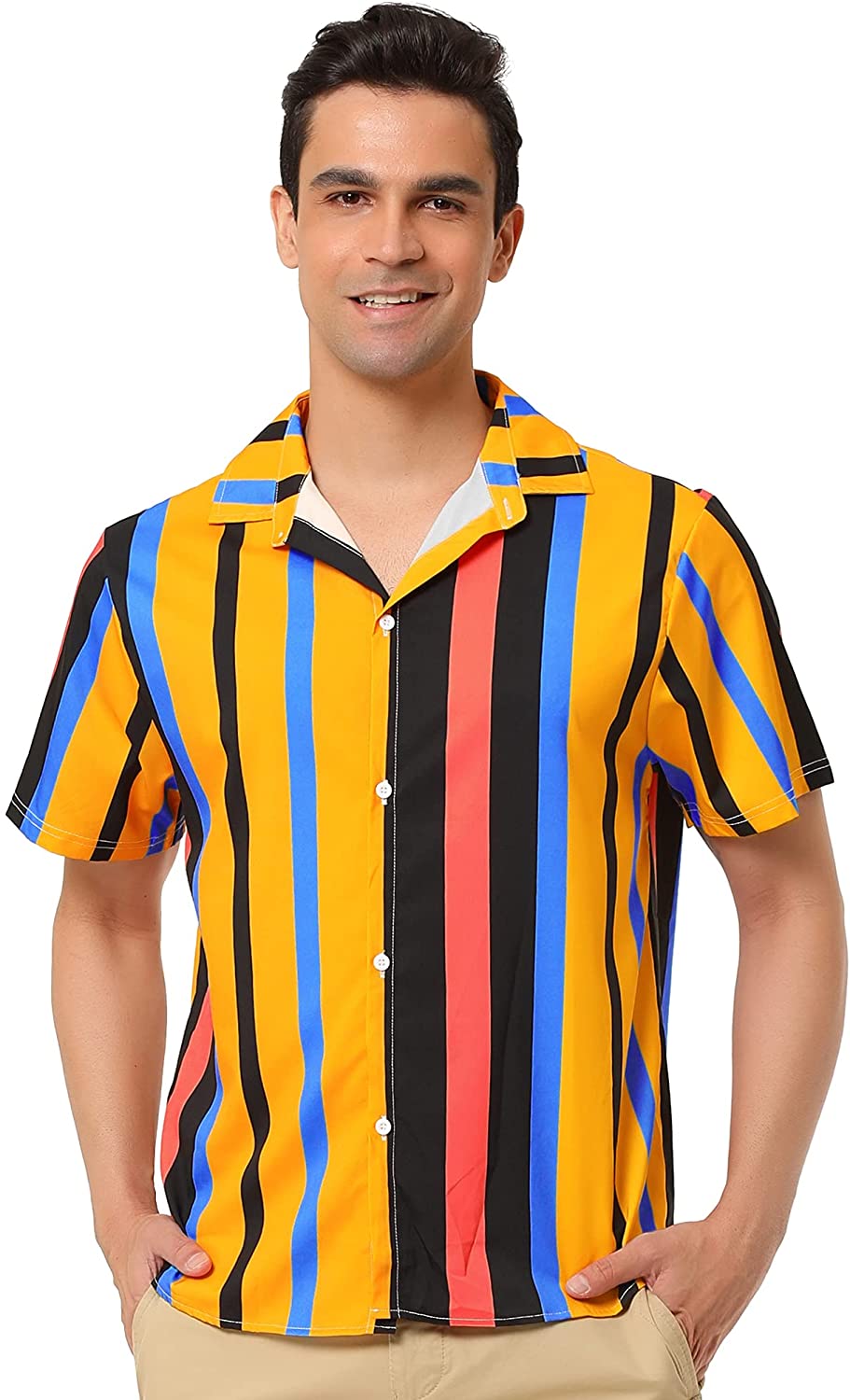 Lars Amadeus Men's Vertical Striped Shirt Short Sleeve Button Down