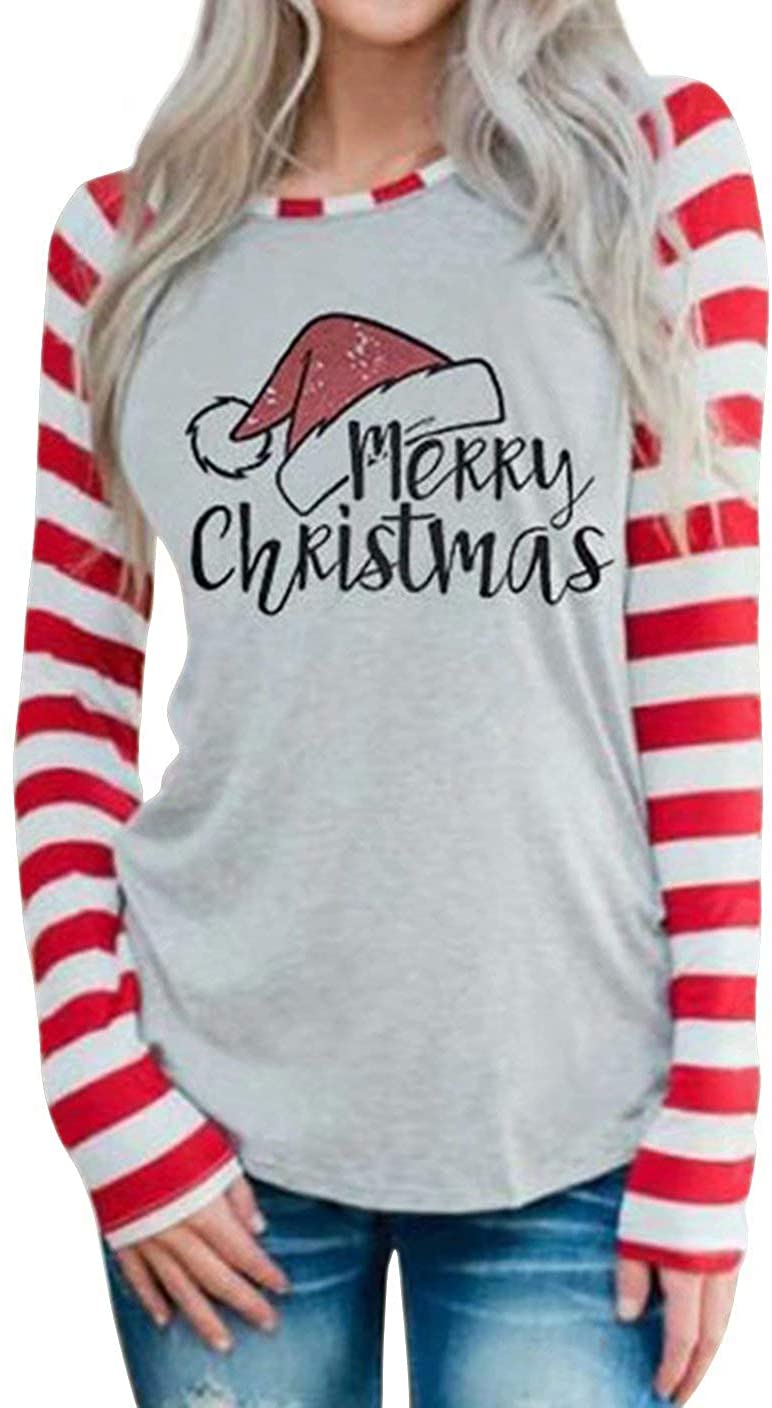 Merry Christmas Tee Shirts Women Christmas Tee Shirts Tops Letter Print Long Sleeve Raglan Baseball Tee Shirts