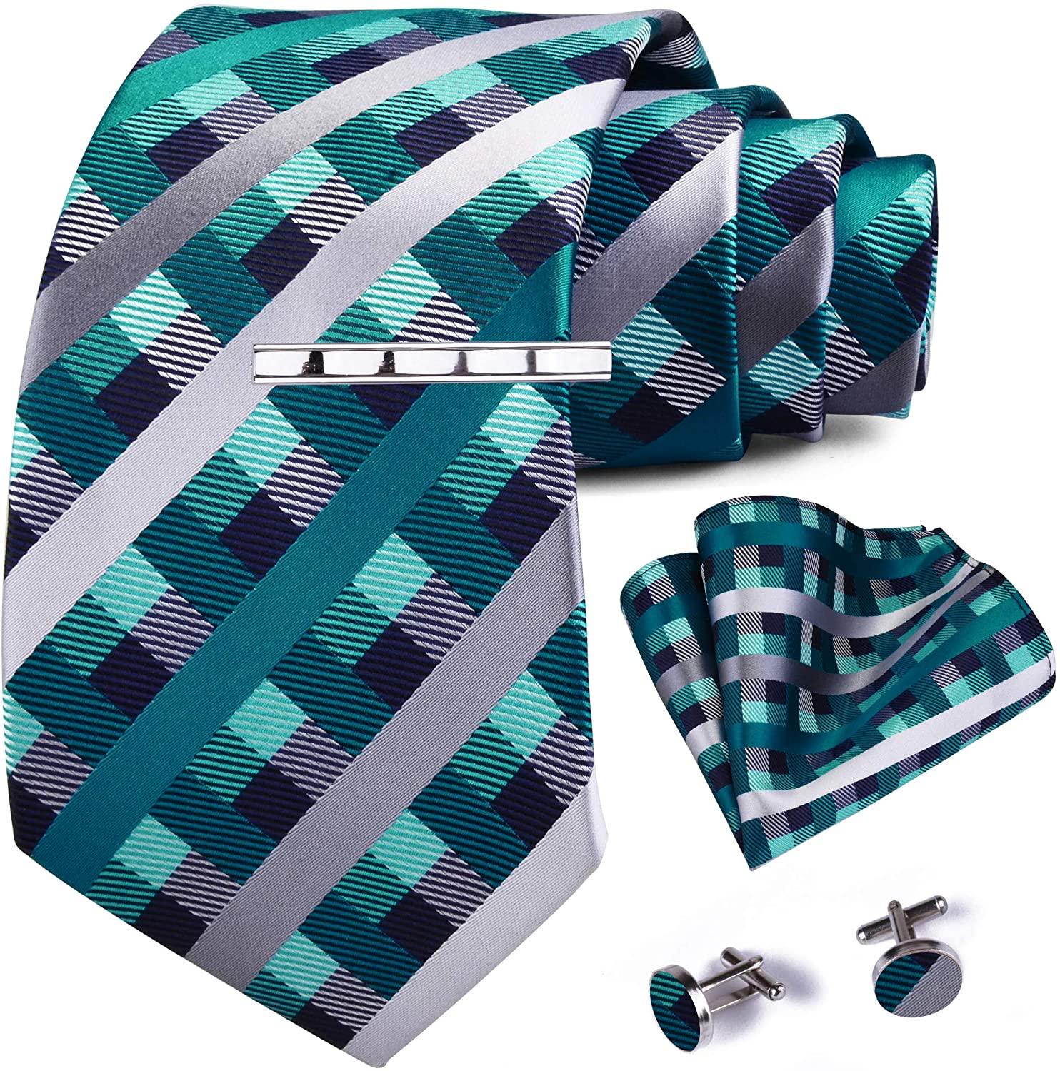 GUSLESON 3.15（8cm） Men's Tie Fashion Necktie Clip and Pocket Square Cufflinks Sets