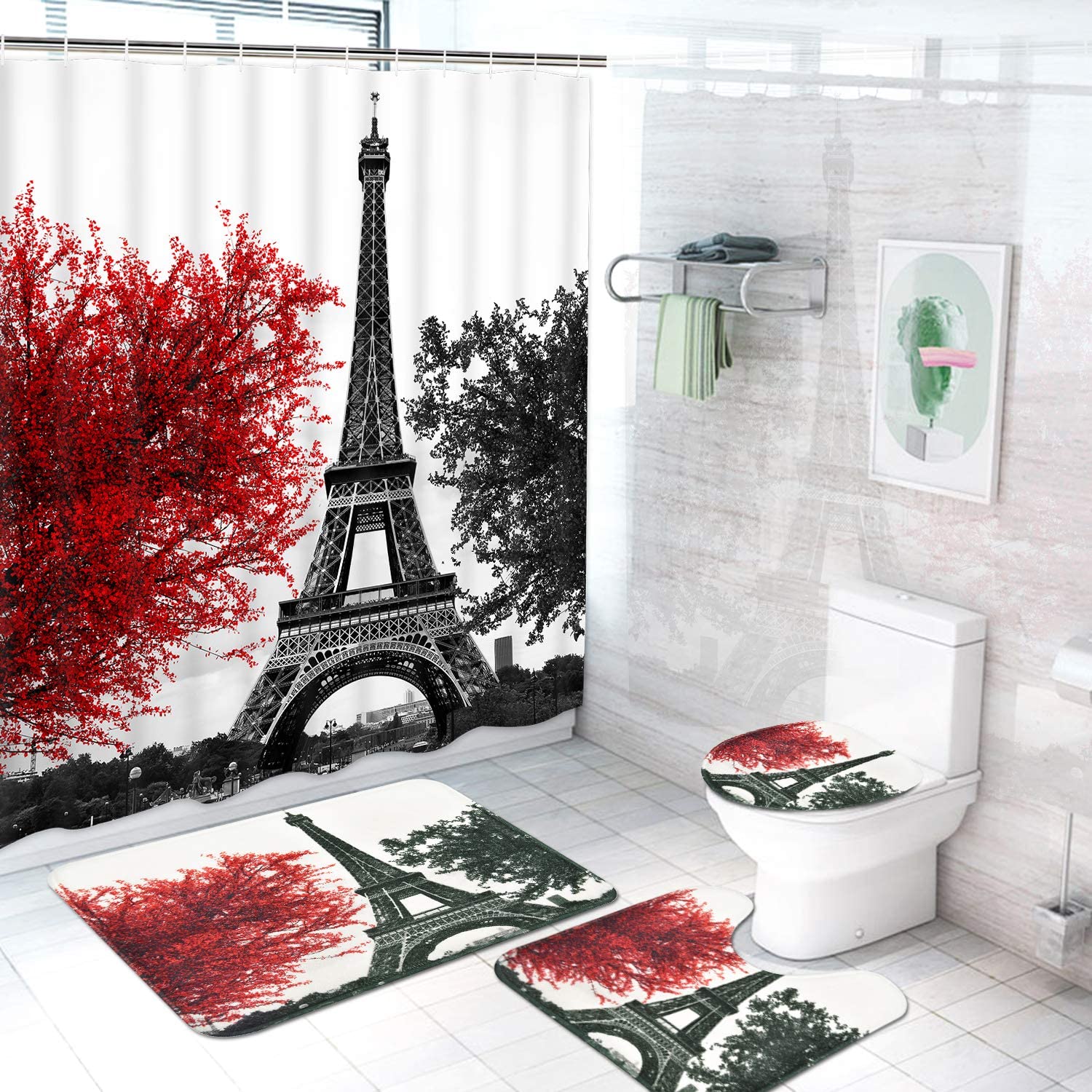 Pknoclan 4 Pcs Floral Shower Curtain Sets with Non-Slip Rugs, Toilet Lid Cover a Niedrogi zwykły sklep