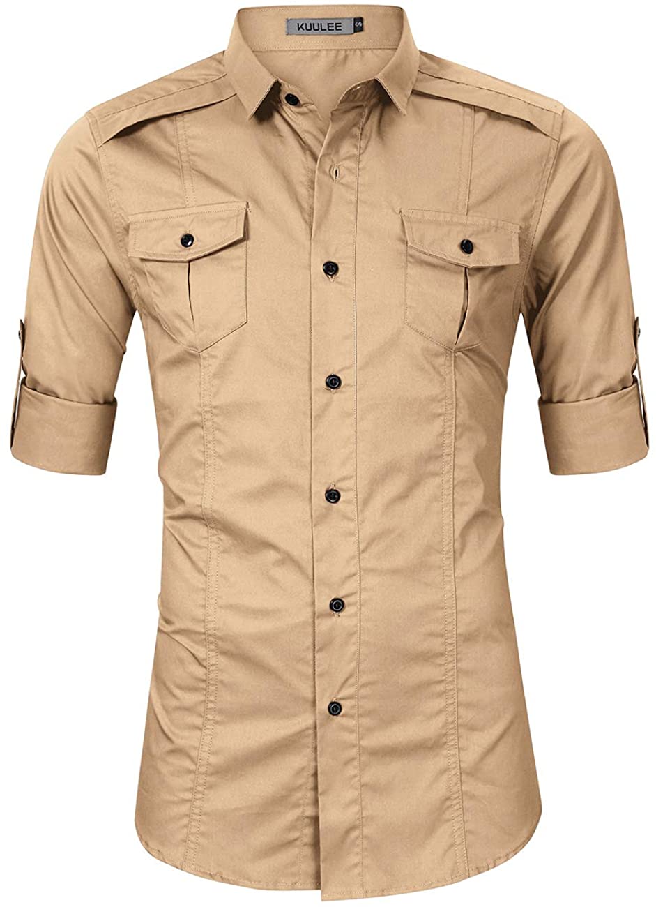 Men's Tactical Cargo Work Shirts Military Casual Button Up Slim