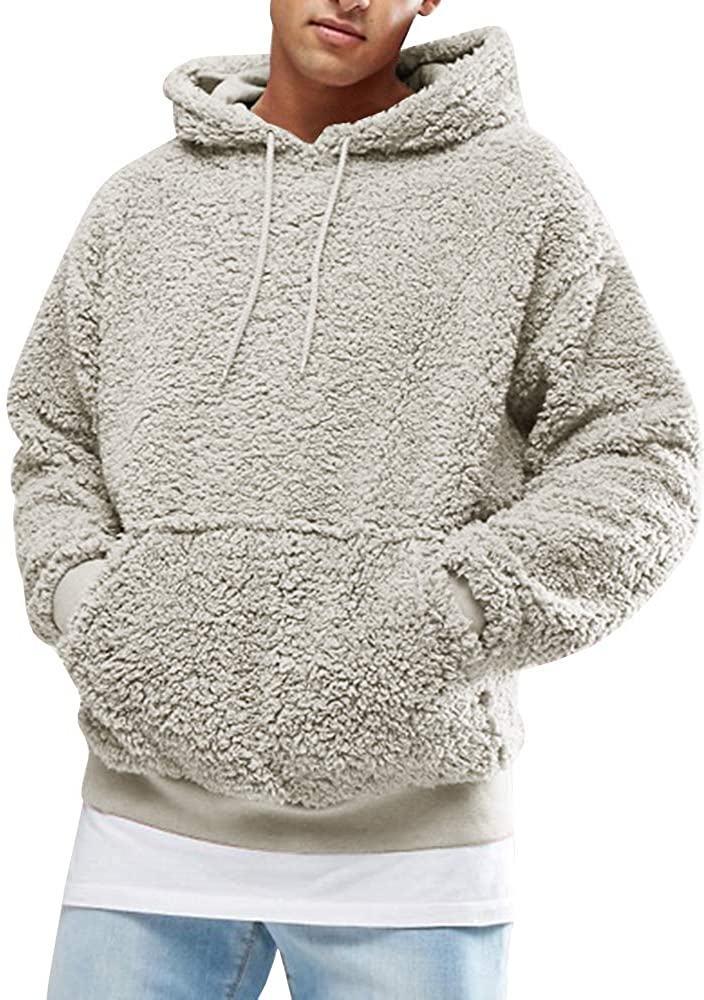 Runcati Mens Fuzzy Sherpa Pullover Hoodie Sweatshirts Long Sleeve Sport  Front Po