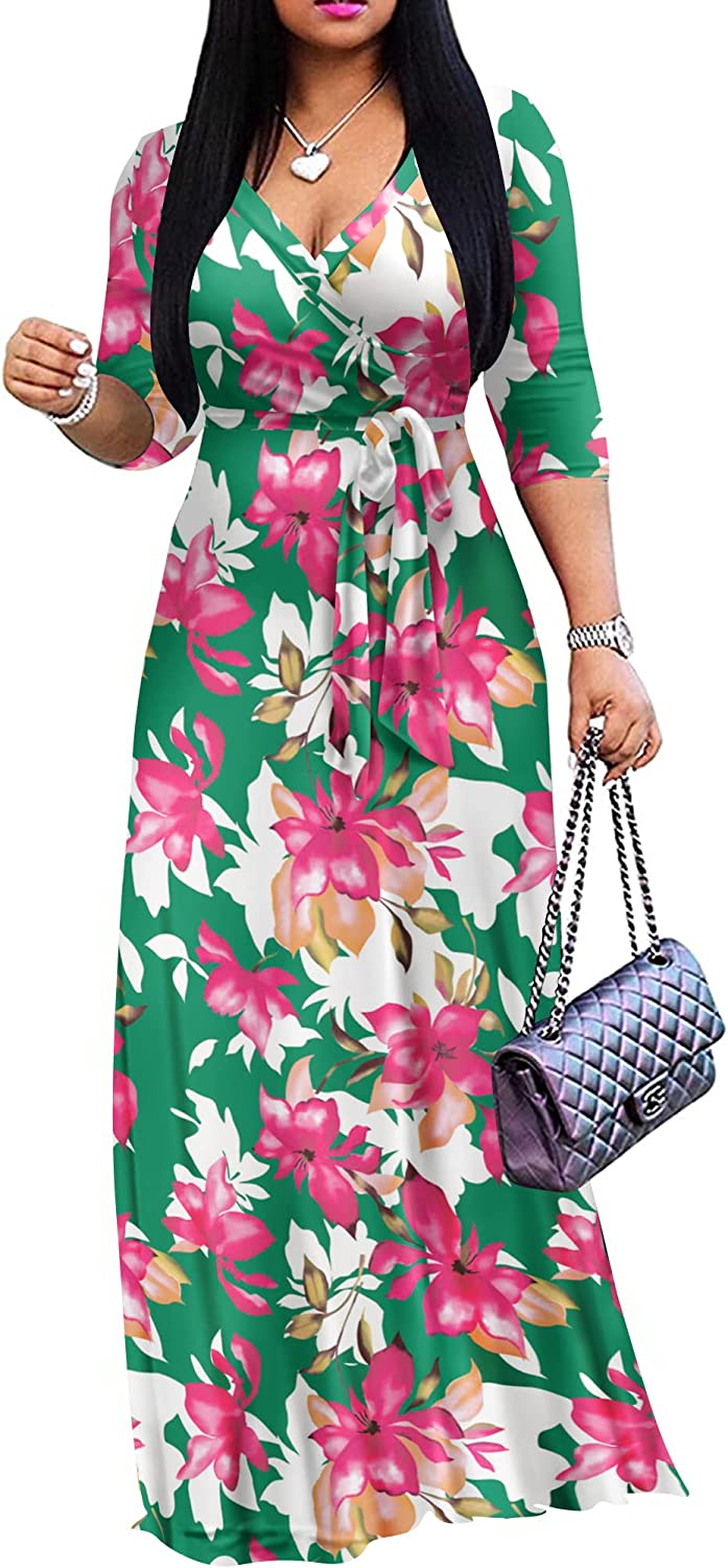 FANDEE Plus Size Maxi Dress for Women Casual Summer Sundress V-Neck 3/4  Sleeve Multicoloured Small at  Women's Clothing store