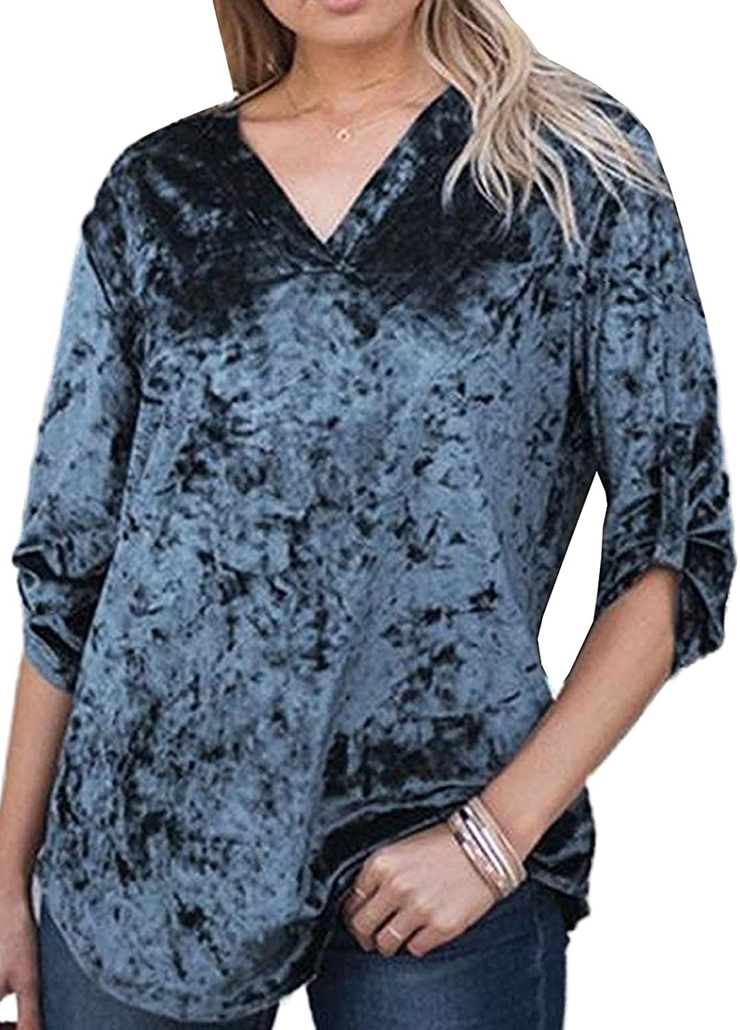 Sidefeel Women Retro Velvet Long Sleeve Button Down Shirt Solid Color Blouse Tops 