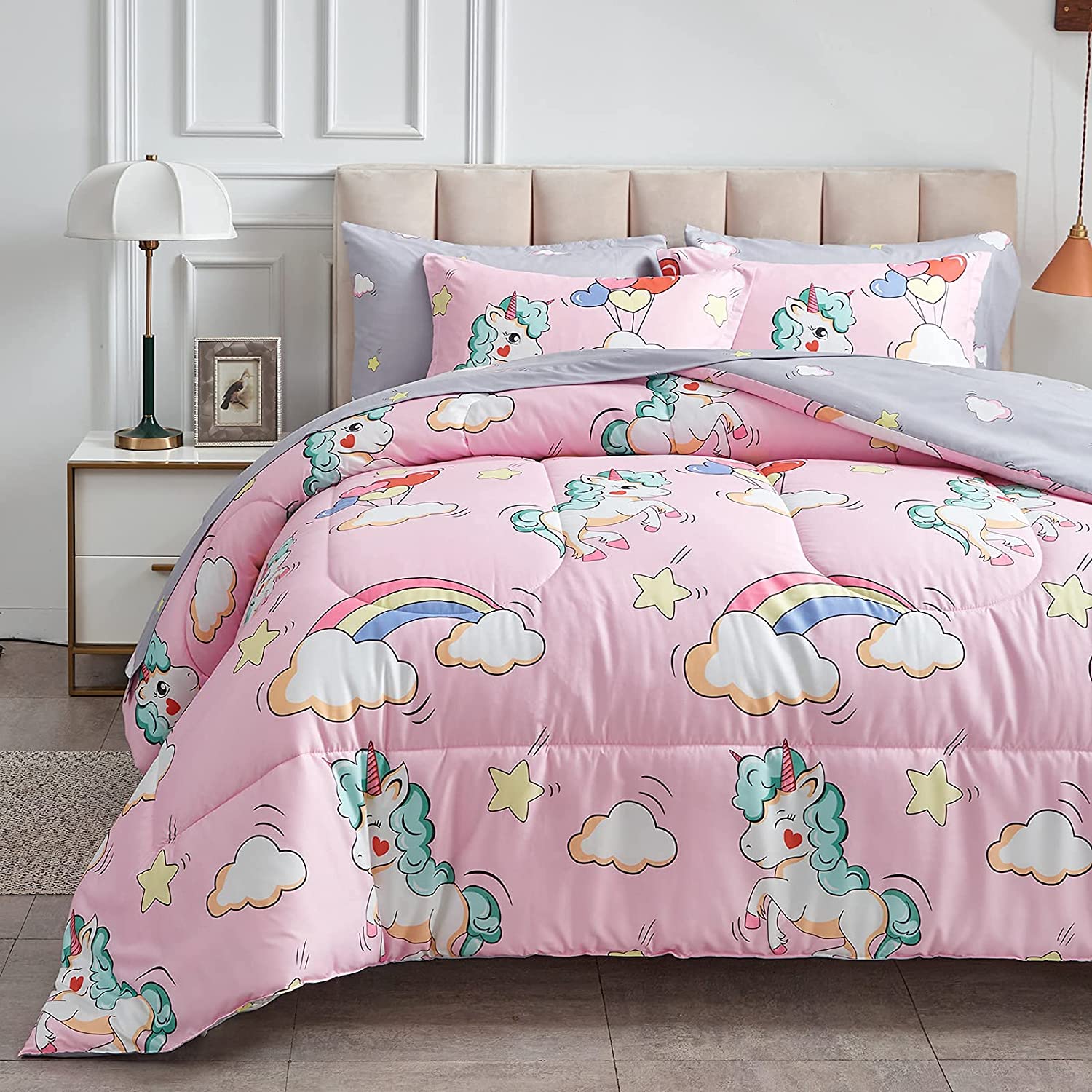 Pink Twin Kids Bedding Set Sheets Girls Comforter Rainbow Unicorn 5 Piece 