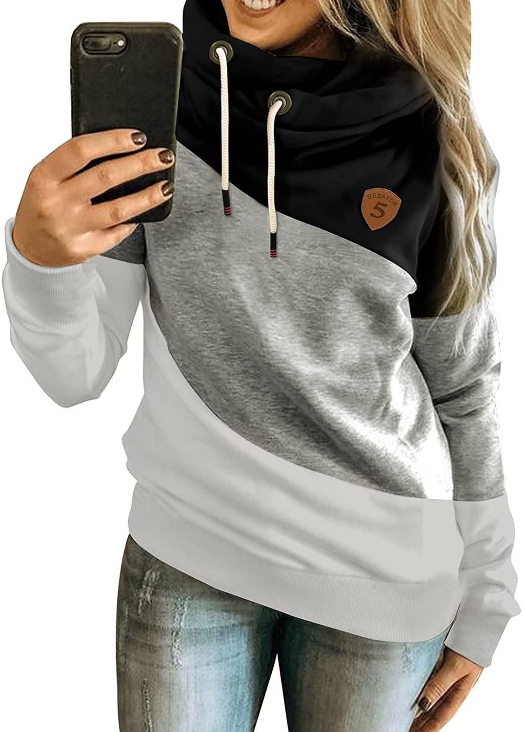  Happy Sailed Womens Cowl Neck Color Block Hoodies Long