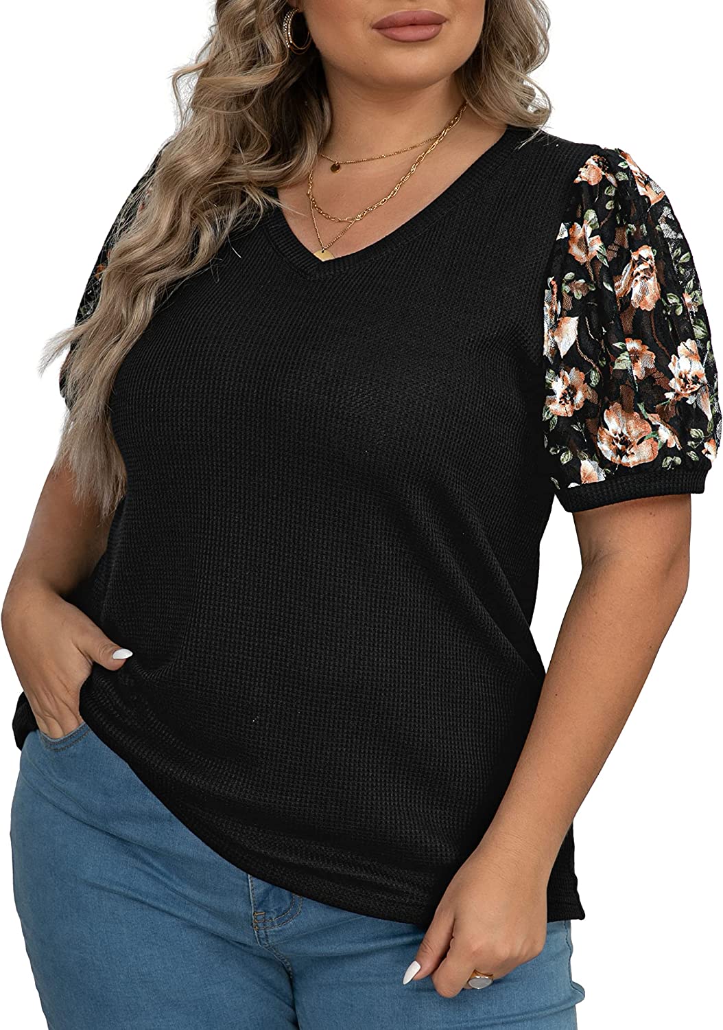 OLRIK Plus Size Tops for Women Summer Blouse Waffle Knit Short Lace Sleeve  Shirt