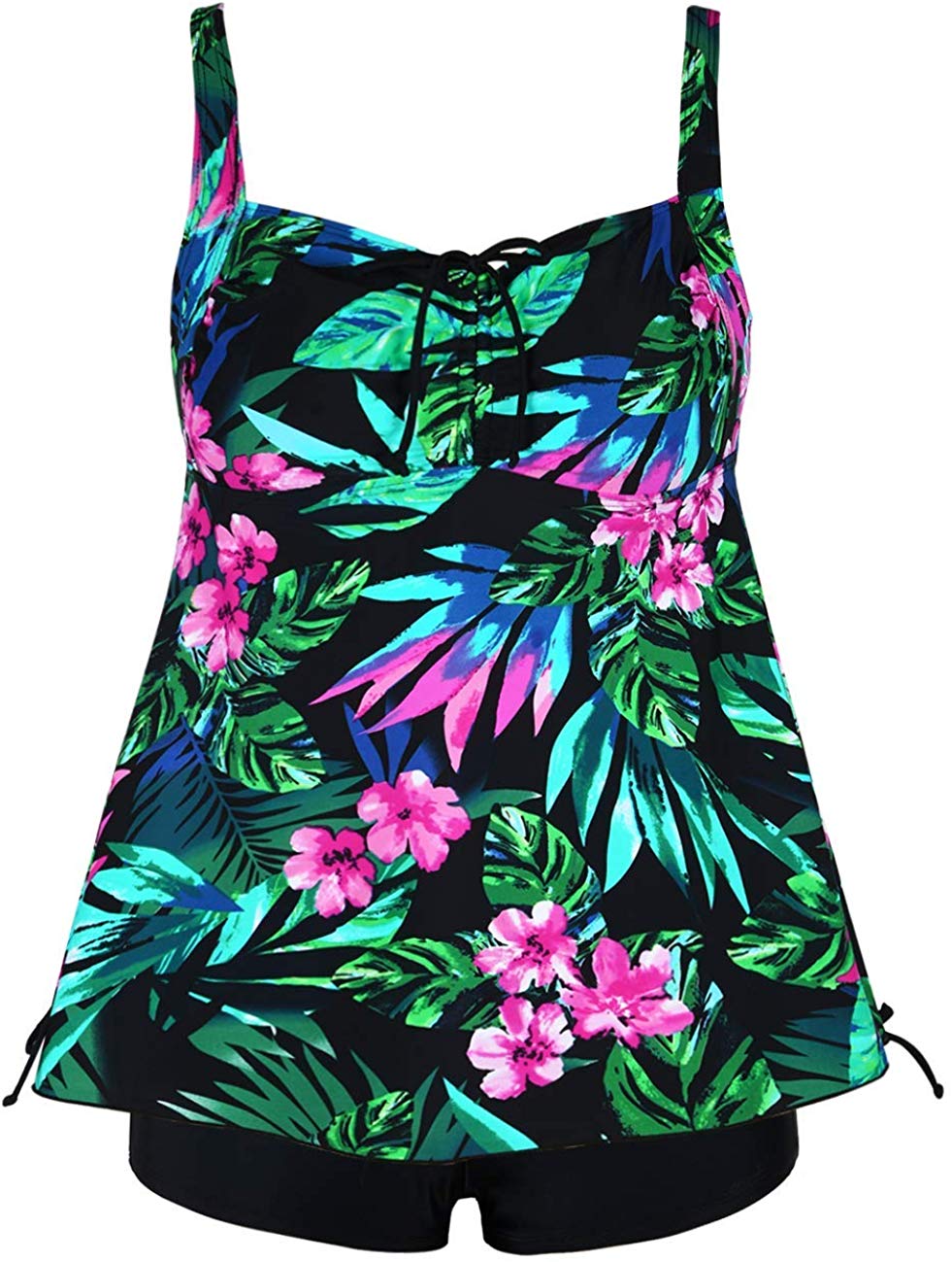 Hilor Womens Plus Size Swimwear Floral Tankini Set Drawtring Modest Two Piece Swimsuit 