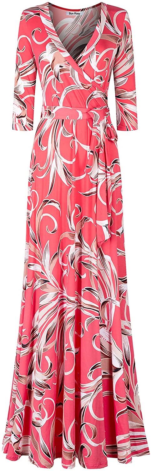 Bon Rosy Womens #MadeInUSA 3/4 Sleeve V-Neck Printed Maxi Wrap Dress 