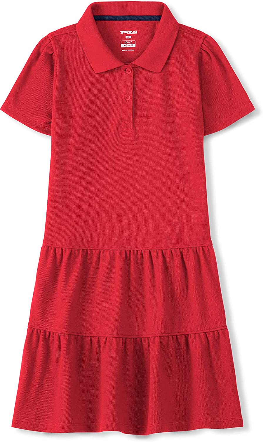 TSLA Girls Short Sleeve School Uniform Dresses Ruffle Pique Polo Dress