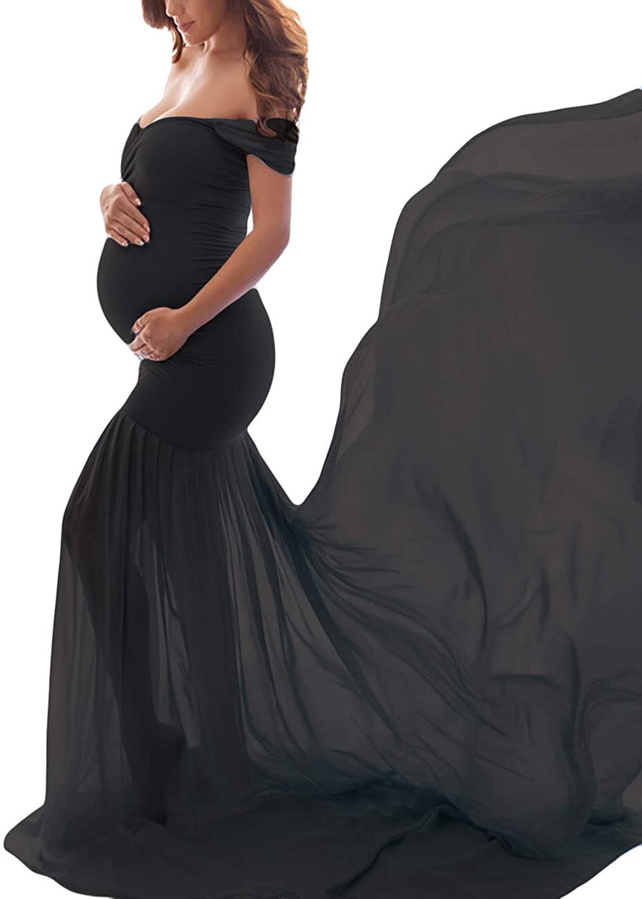 JustVH Maternity Chiffon Off Shoulder Gown Front Split Maxi Photoshoot Photography Dress