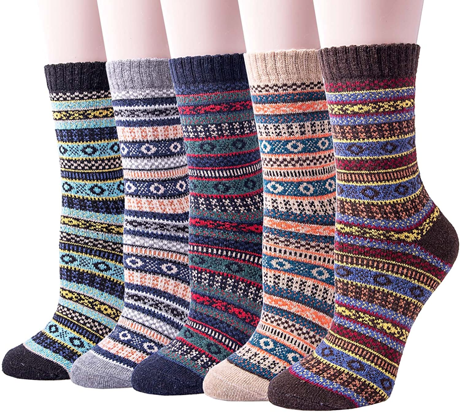Justay 5 Pairs Winter Womens Wool Socks Vintage Warm Socks Thick