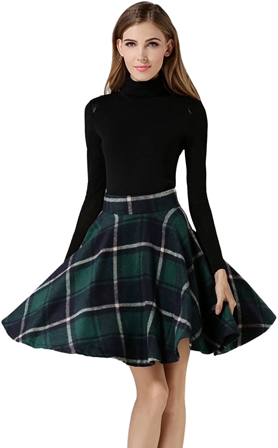 Tanming Womens Casual High Waisted Wool Check Print Plaid Tartan A-Line Skirt 