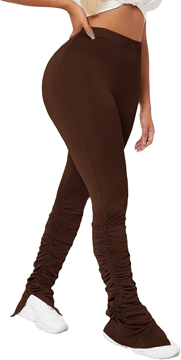 MakeMeChic Women's Faux PU Leather High Waist Split Hem Stretchy Flare  Pants Coffee Brown XS at  Women's Clothing store