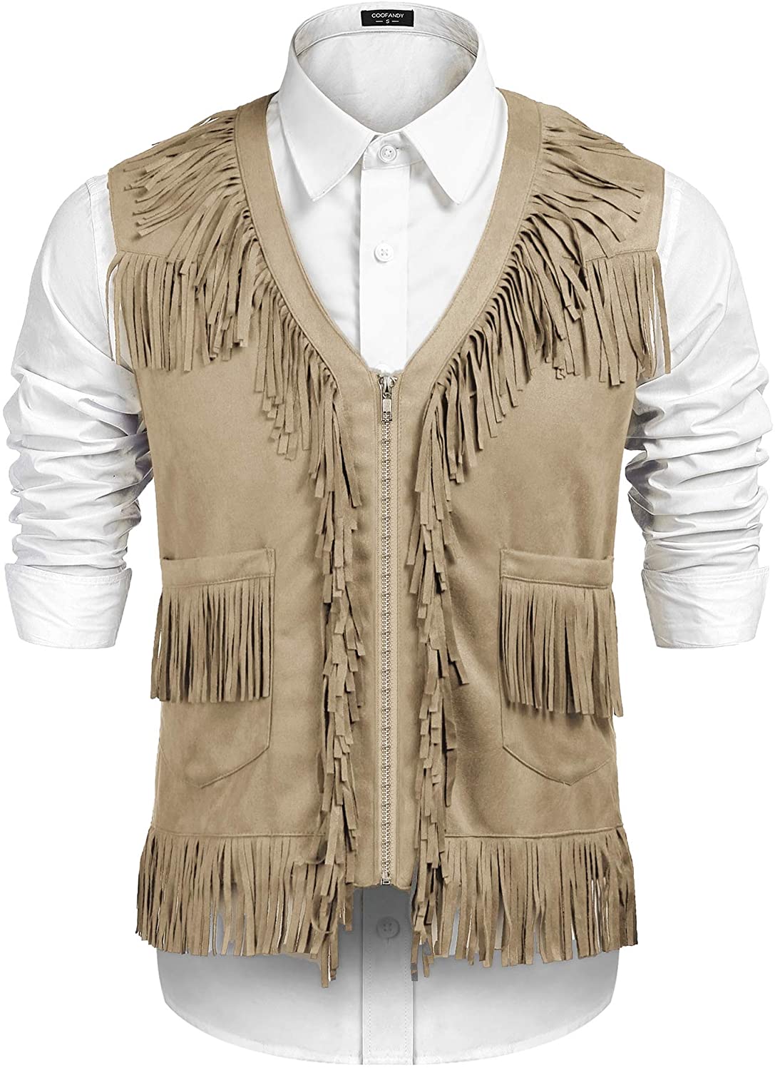 COOFANDY Men's Western Cowboy Vest Casual Fringe Hippie Costume V Neck Zipper Suede Leather Waistcoat