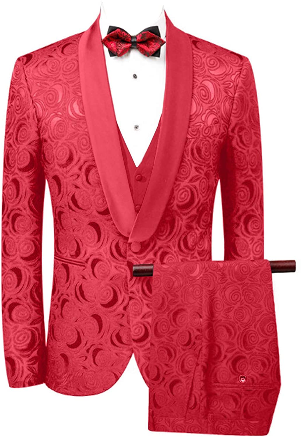 Wemaliyzd Mens 3 Pieces Jacquard Wedding Suit Classic Fit Blazer Vest Pants