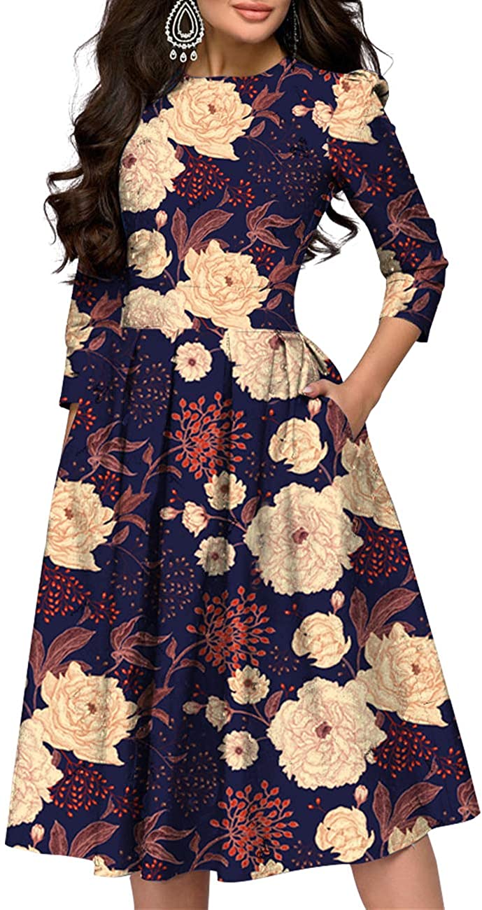 Simple Flavor Women's Floral Evening Flare Vintage Midi Dress 3/4 Sleeve |  eBay