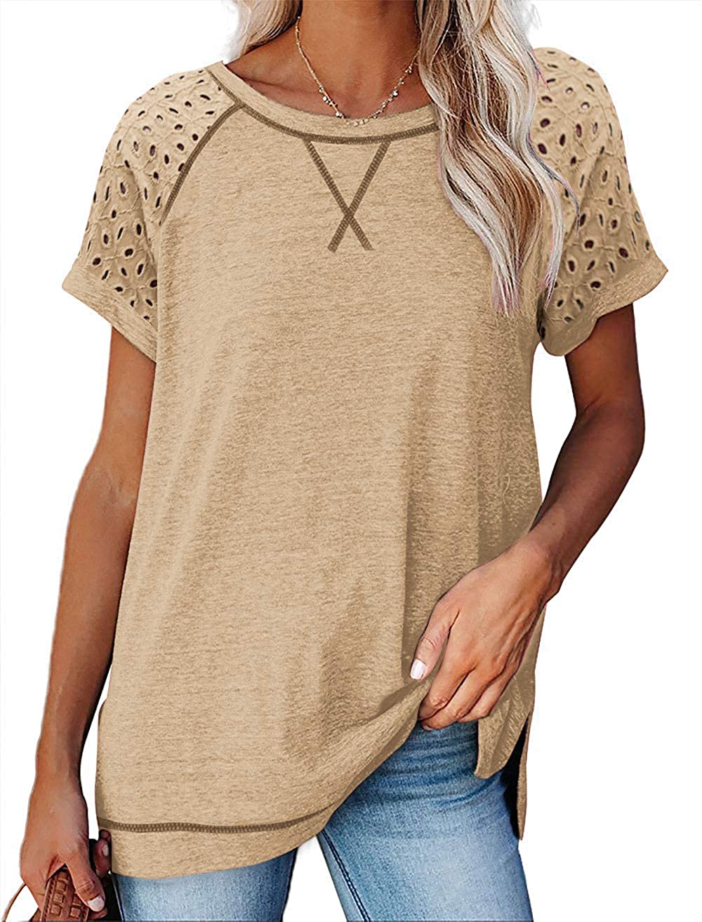 Hestenve Women‘s Short Sleeve Crewneck T Shirts Side Split Fashion Casual Loose Shirts Tunic Tops