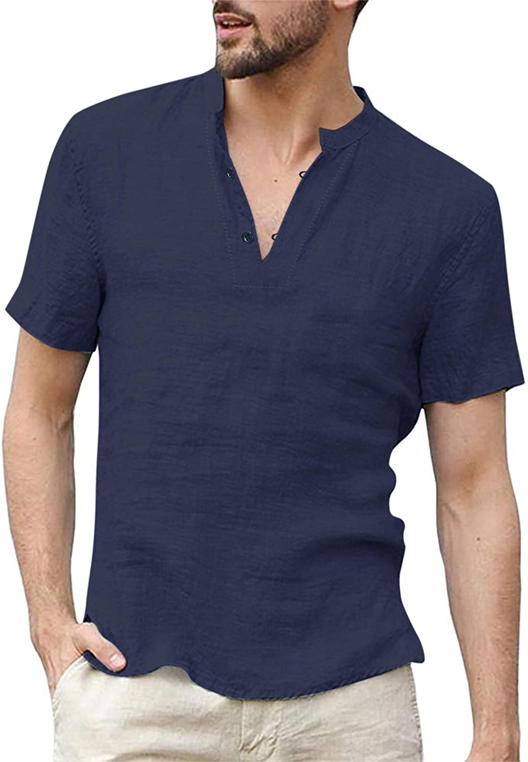 COOFANDY MENS COTTON Linen Henley Shirts Short Sleeve Loose Summer ...