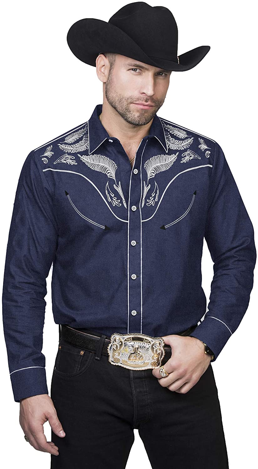 COOFANDY Mens Cowboy Shirts Long Sleeve Casual Regular Fit Denim Shirt Floral Embroidery Button Down Western Shirts 