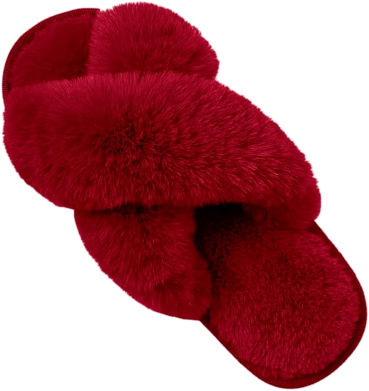  Hi Clasmix Fuzzy Slippers for Women-Cross Band Cozy House Home  Bedroom Fluffy Slippers Plush Furry Open Toe Slide Slipper(Black, 5-6)