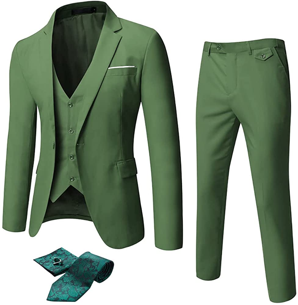 WULFUL Men's Slim Fit Suit One Button 3-Piece Blazer Dress Business Wedding  Party Jacket Vest & Pant