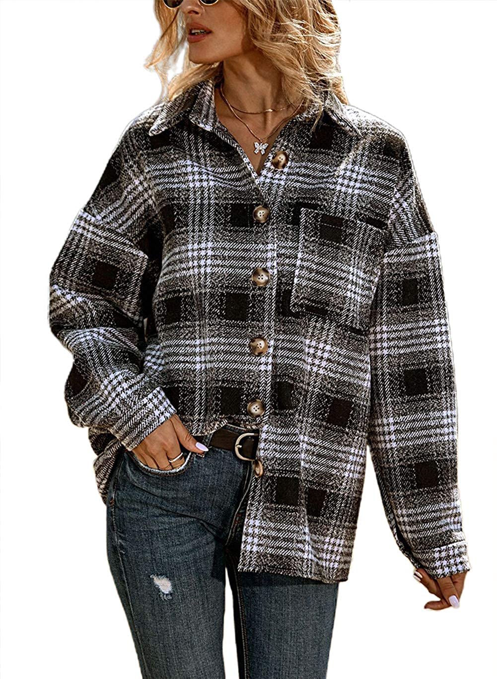 chouyatou Women's Oversized Casual Button Down Plaid Shirt Jacket Flannel  Shacke