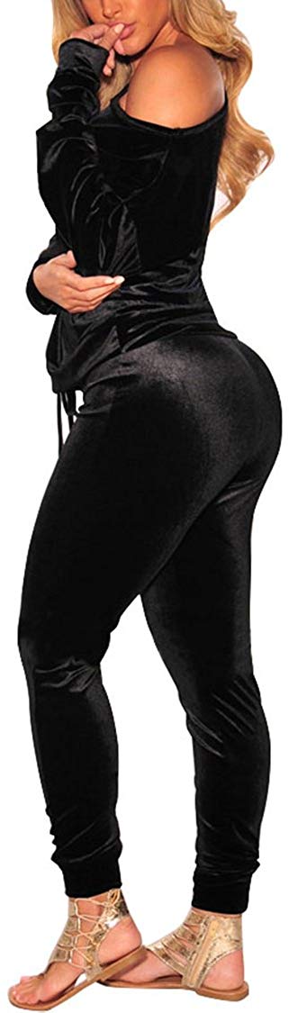 VamJump Women Velvet Off Shoulder Sweatshirt Jogger Pants Two Piece Set  Tracksui | eBay